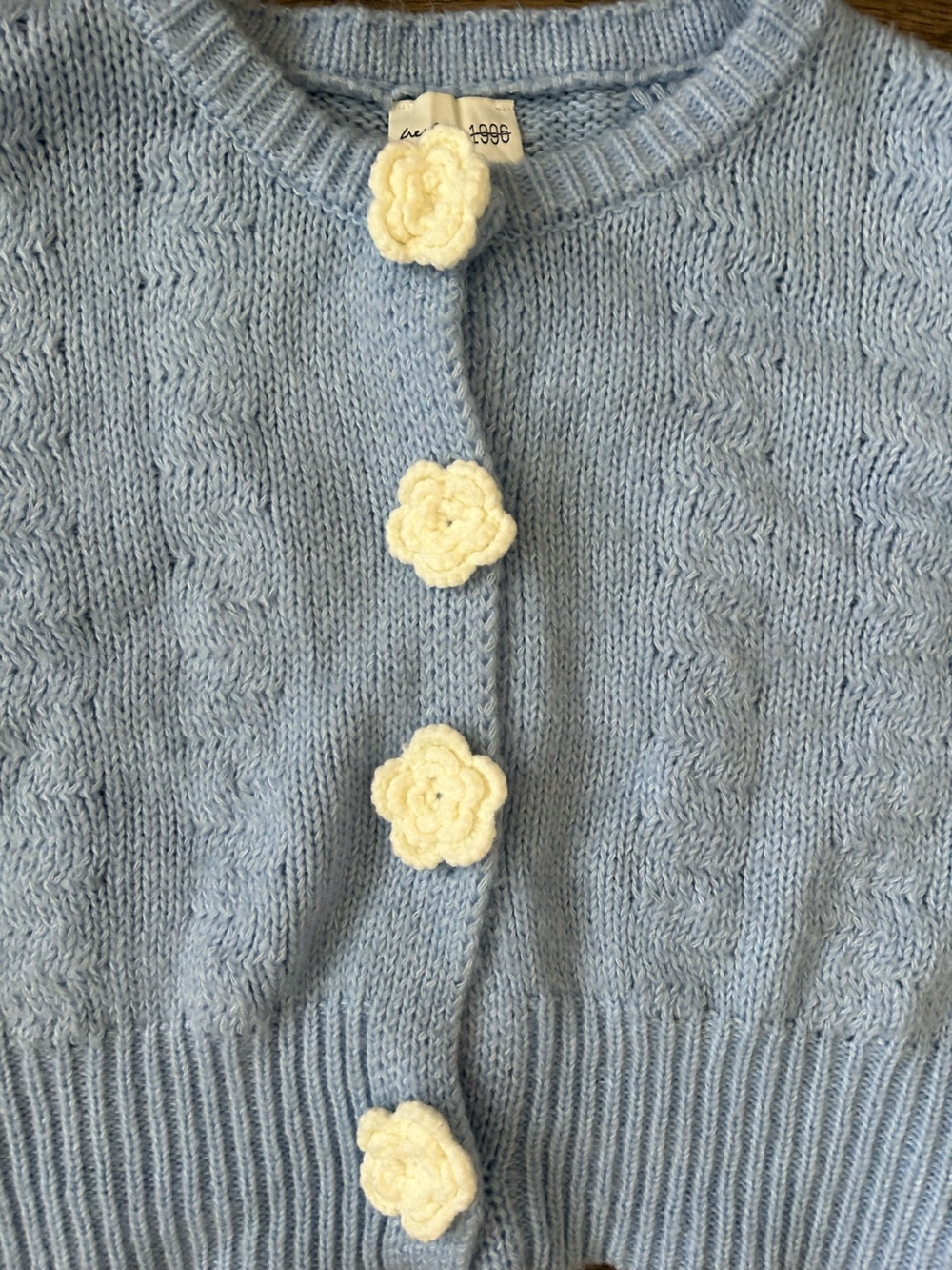 Freshman Powder Blue Cropped Cable Cardigan with Cream Flower Buttons - Picture 2 of 4